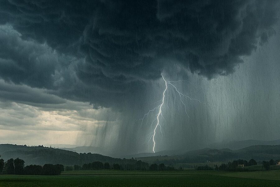 Temporale intenso con fulmini, grandine e paesaggio italiano in formato 16:9