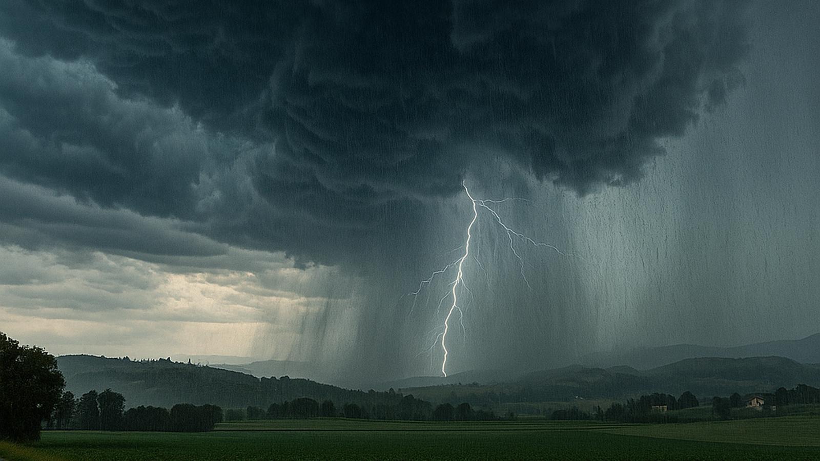Temporale intenso con fulmini, grandine e paesaggio italiano in formato 16:9